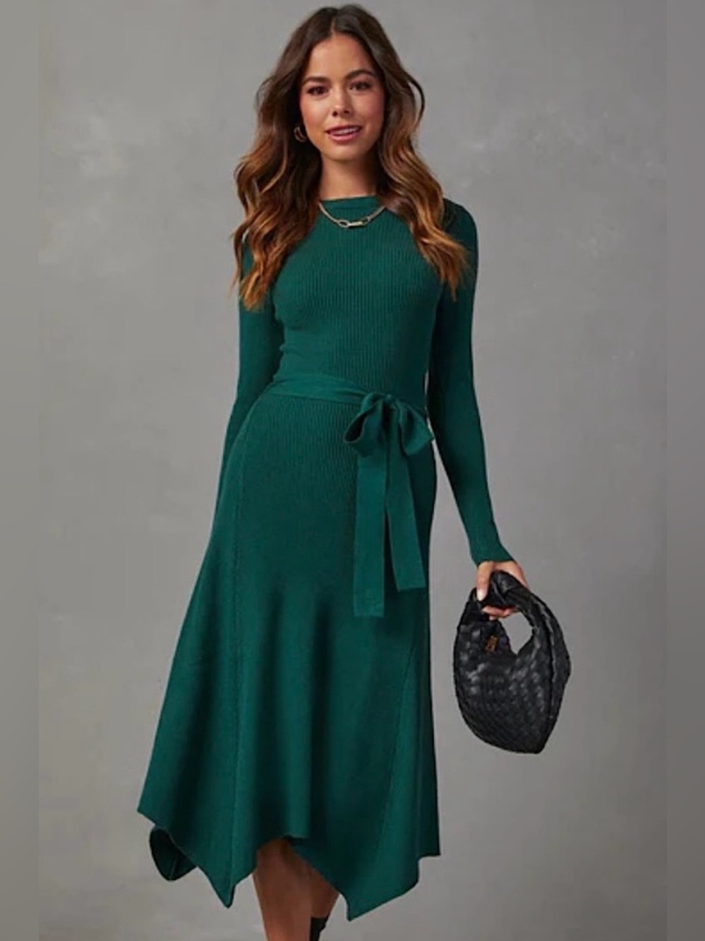 Flying Tomato Emerald Green Long-Sleeve Knit Midi Dress with Waist Tie